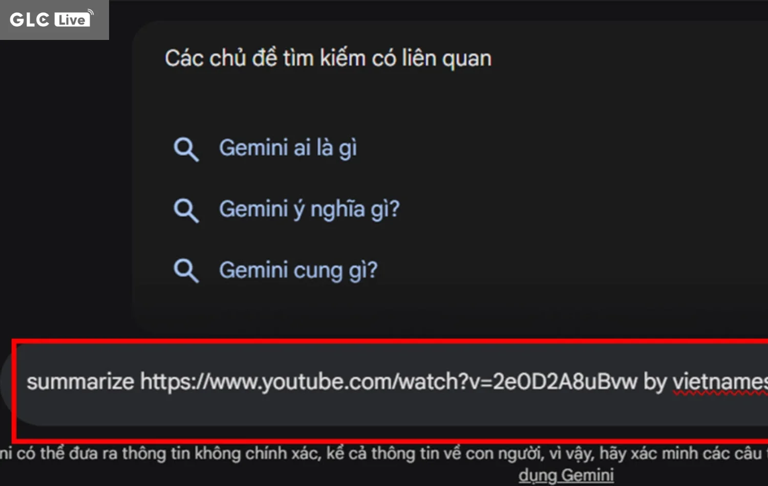 cách sử dụng Gemini AI dán link video vào ô tìm kiếm