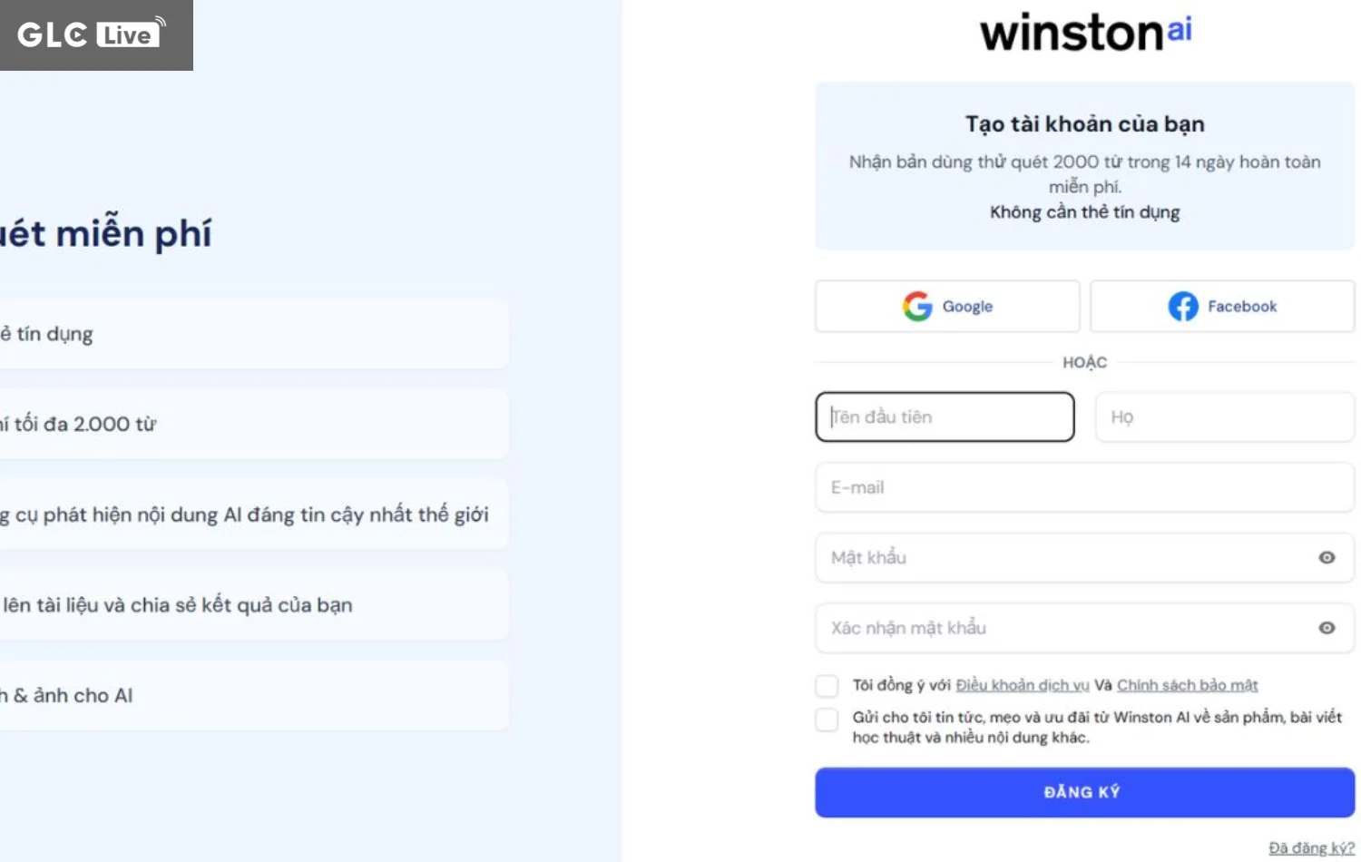cách sử dụng Winston AI đăng kí bằng google hoặc facebook